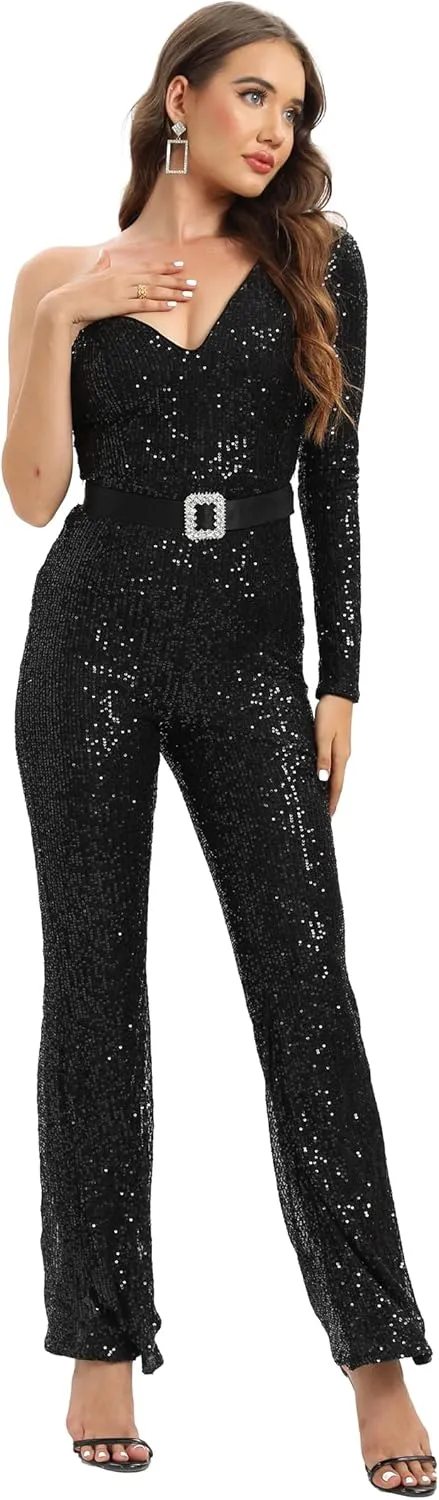 Narcia Black Sequin One-Shoulder Jumpsuit- Glamourous Belted Outfit for Party, Galas and Special Occasions