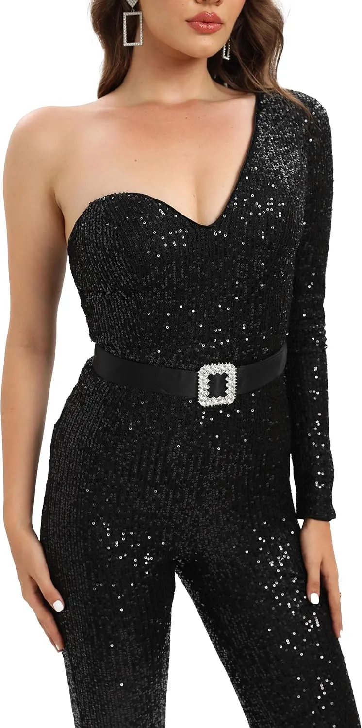 Narcia Black Sequin One-Shoulder Jumpsuit- Glamourous Belted Outfit for Party, Galas and Special Occasions
