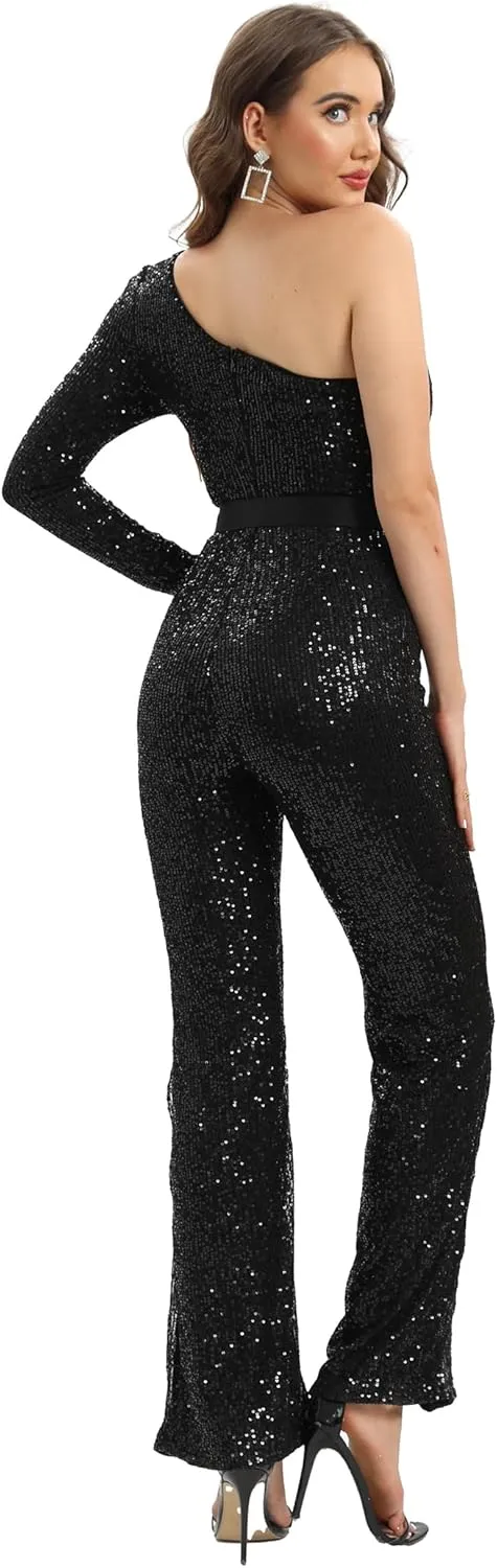 Narcia Black Sequin One-Shoulder Jumpsuit- Glamourous Belted Outfit for Party, Galas and Special Occasions