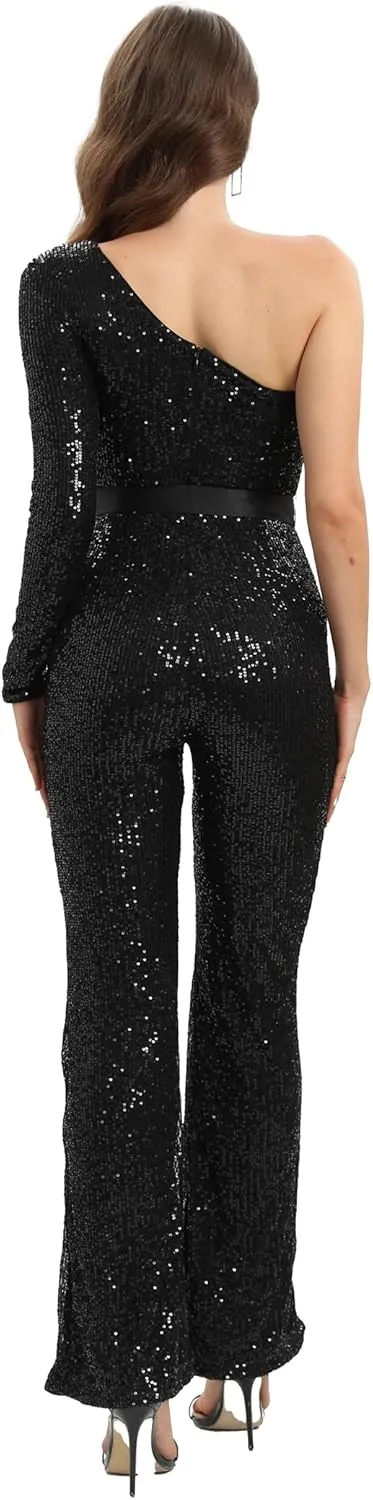 Narcia Black Sequin One-Shoulder Jumpsuit- Glamourous Belted Outfit for Party, Galas and Special Occasions