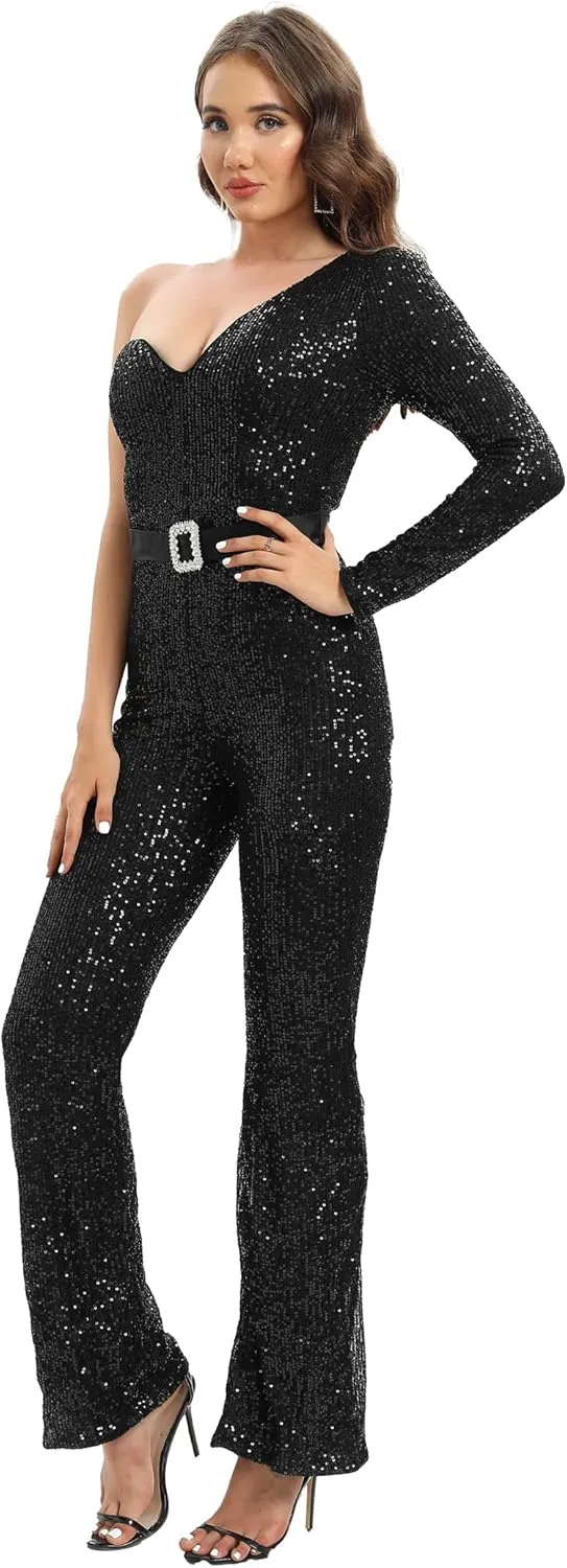 Narcia Black Sequin One-Shoulder Jumpsuit- Glamourous Belted Outfit for Party, Galas and Special Occasions