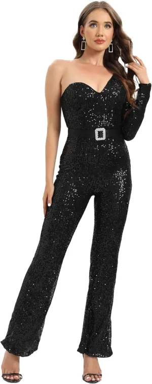 Narcia Black Sequin One-Shoulder Jumpsuit- Glamourous Belted Outfit for Party, Galas and Special Occasions