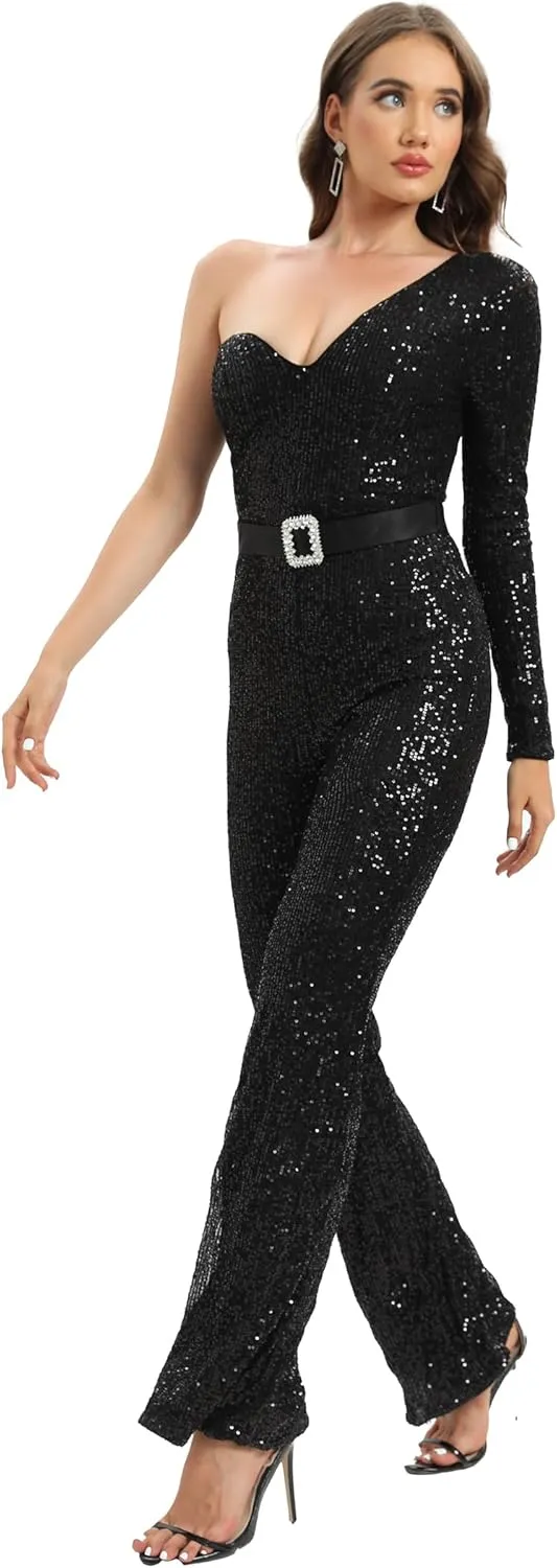 Narcia Black Sequin One-Shoulder Jumpsuit- Glamourous Belted Outfit for Party, Galas and Special Occasions