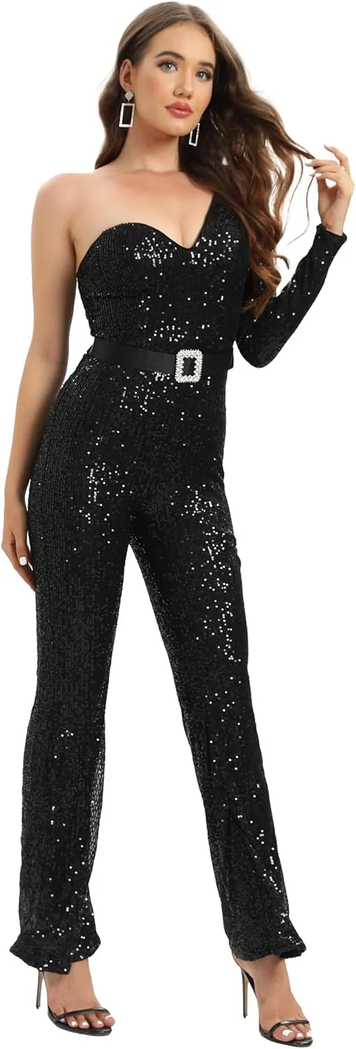 Narcia Black Sequin One-Shoulder Jumpsuit- Glamourous Belted Outfit for Party, Galas and Special Occasions