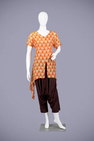 Orange Cotton Kurti Palazzo Set with Printed Design