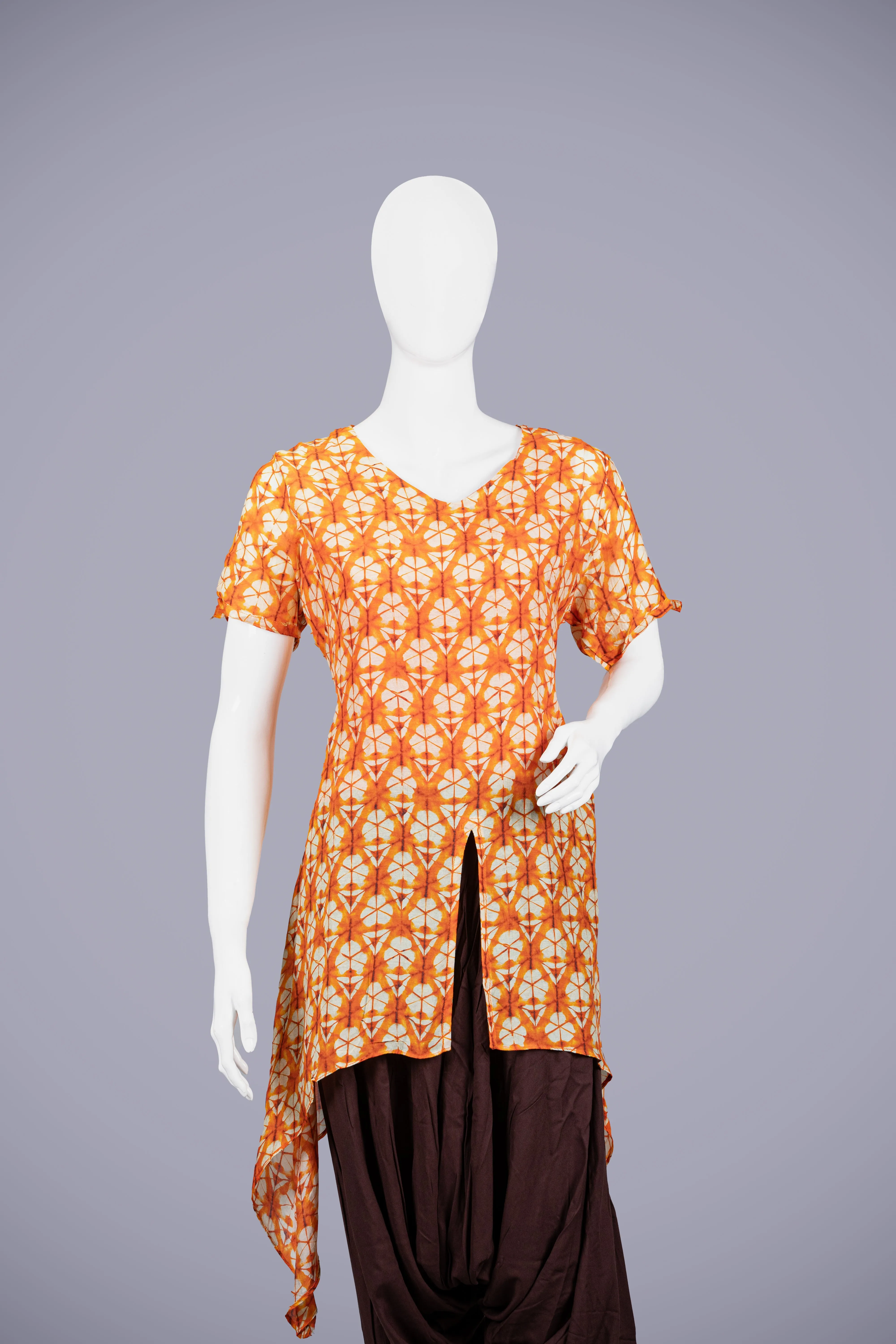 Orange Cotton Kurti Palazzo Set with Printed Design