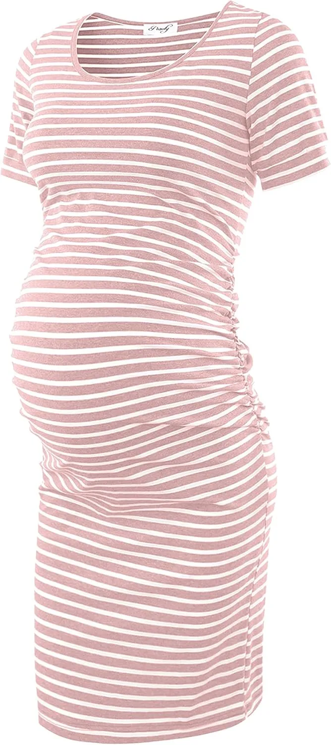 Peauty Everyday Essentials Maternity Bodycon Dress Side Ruch & Short Sleeve Dress for Baby Shower Daily (S-2XL)