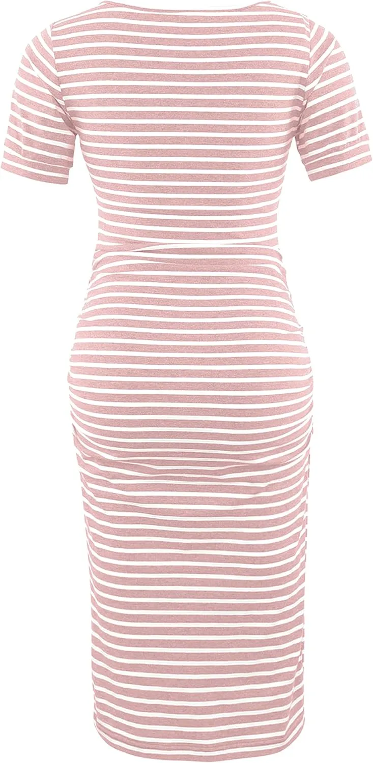 Peauty Everyday Essentials Maternity Bodycon Dress Side Ruch & Short Sleeve Dress for Baby Shower Daily (S-2XL)
