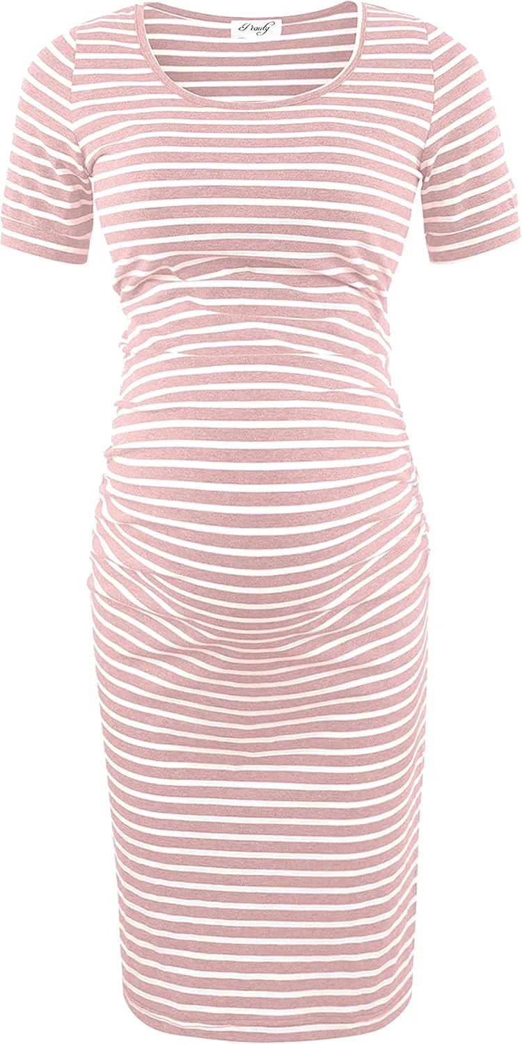 Peauty Everyday Essentials Maternity Bodycon Dress Side Ruch & Short Sleeve Dress for Baby Shower Daily (S-2XL)