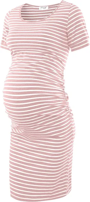 Peauty Everyday Essentials Maternity Bodycon Dress Side Ruch & Short Sleeve Dress for Baby Shower Daily (S-2XL)