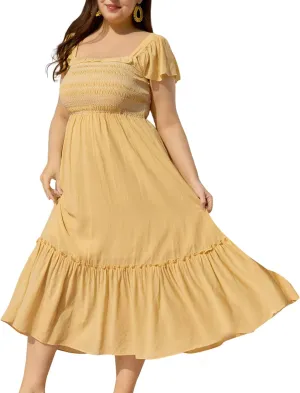 Plus Size Summer Square Neck Maxi Dress for Curvy Women Cap Sleeve Smocked Tiered Ruffle Flowy Casual Long Sundress