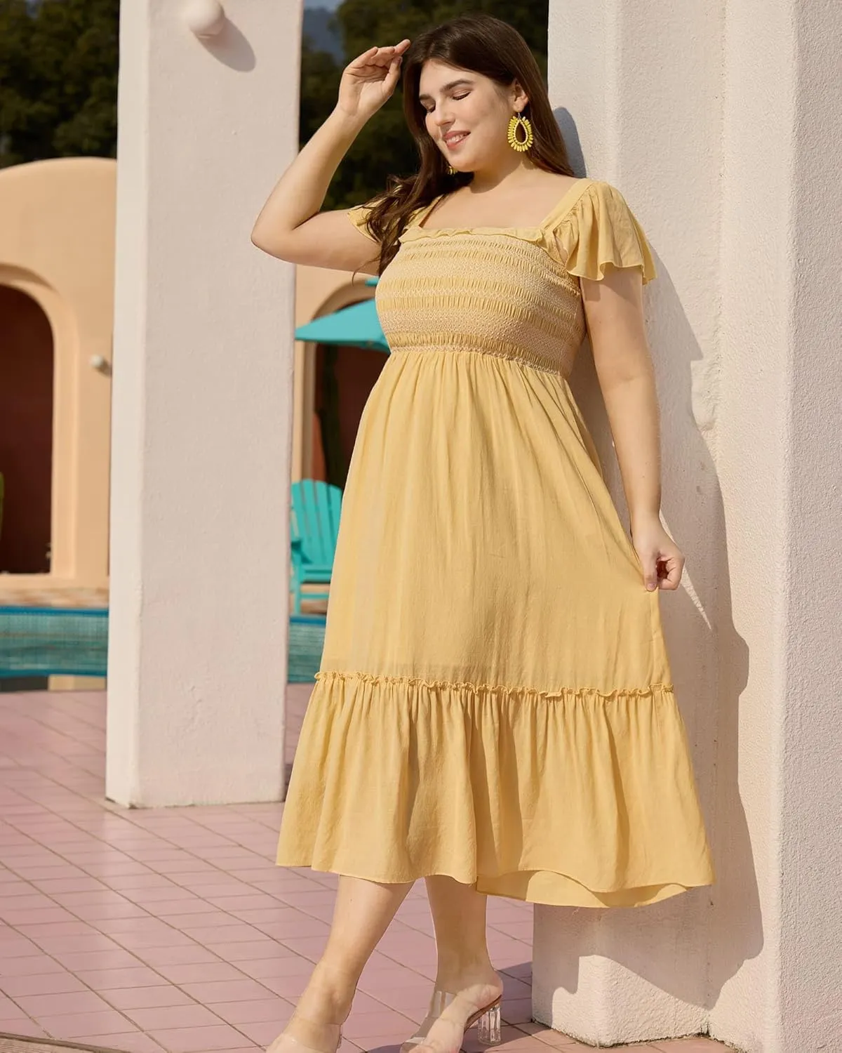 Plus Size Summer Square Neck Maxi Dress for Curvy Women Cap Sleeve Smocked Tiered Ruffle Flowy Casual Long Sundress