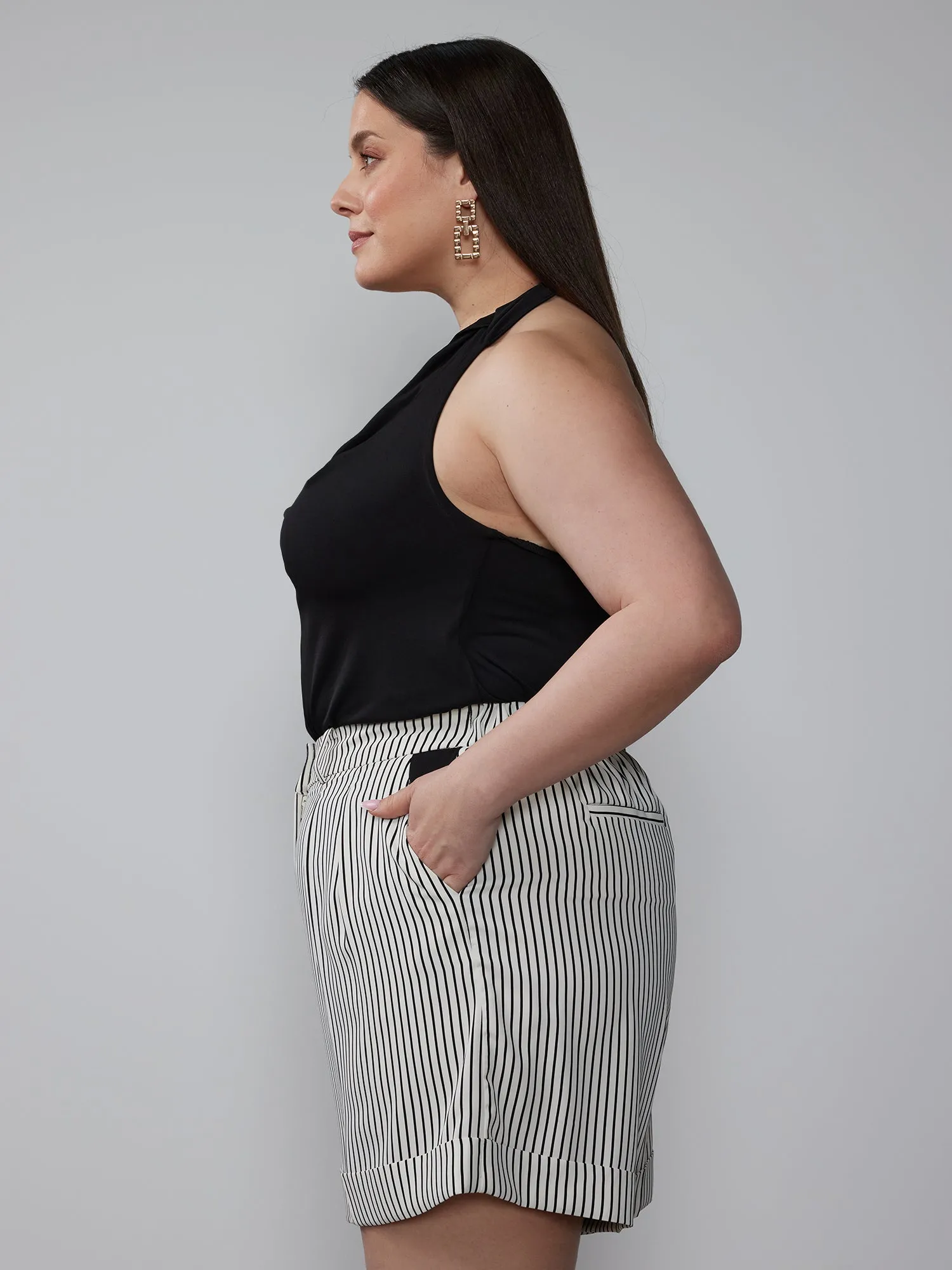 Plus Yarn-Dyed Striped Pleated Shorts