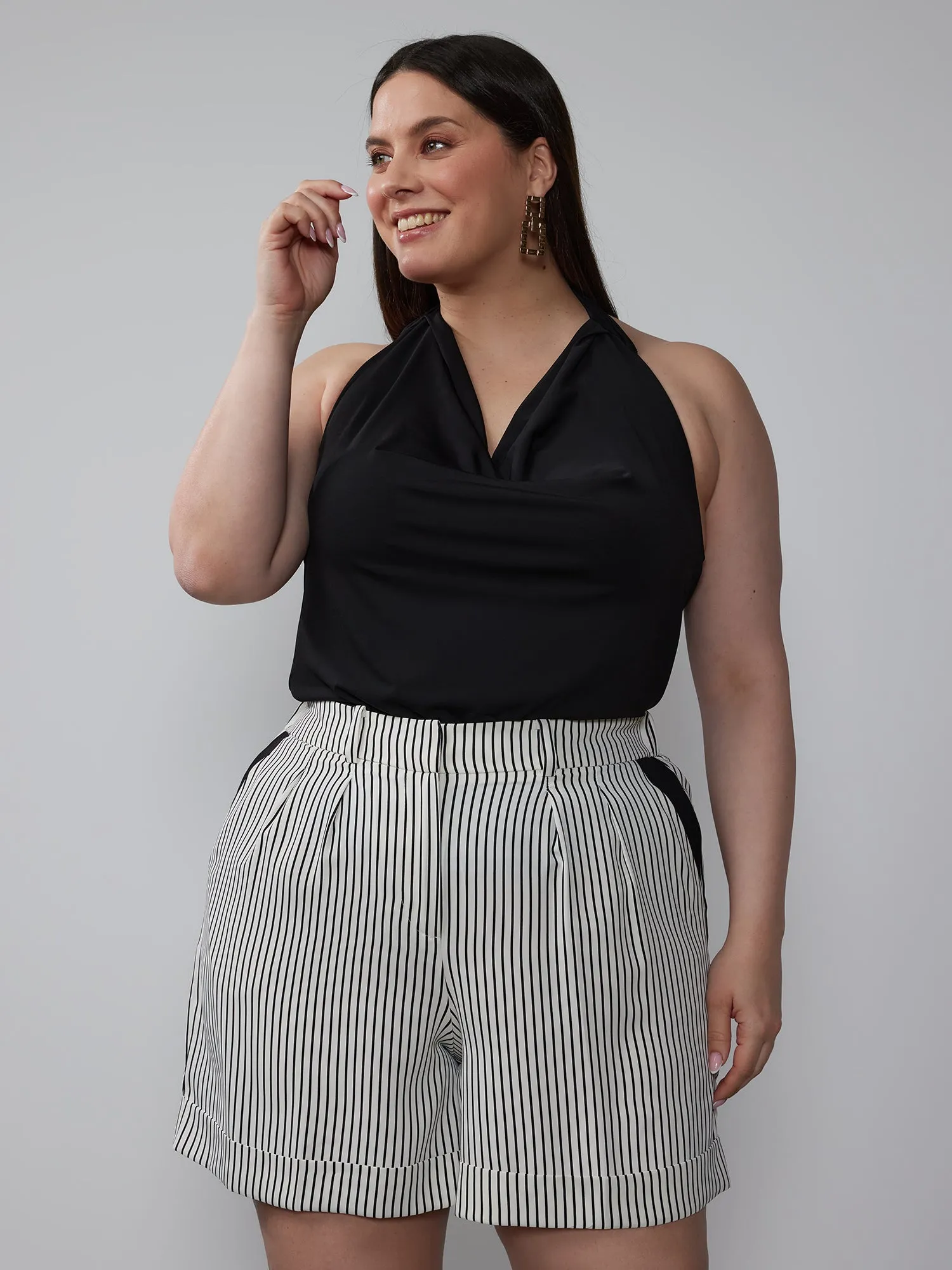 Plus Yarn-Dyed Striped Pleated Shorts