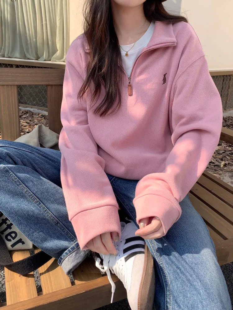 Purpdrank - Vintage Women Sweatshirt Autumn Casual Loose Solid White Zip Up Polo Collar Basic Winter Female Oversized Tops Pullover Hoodies