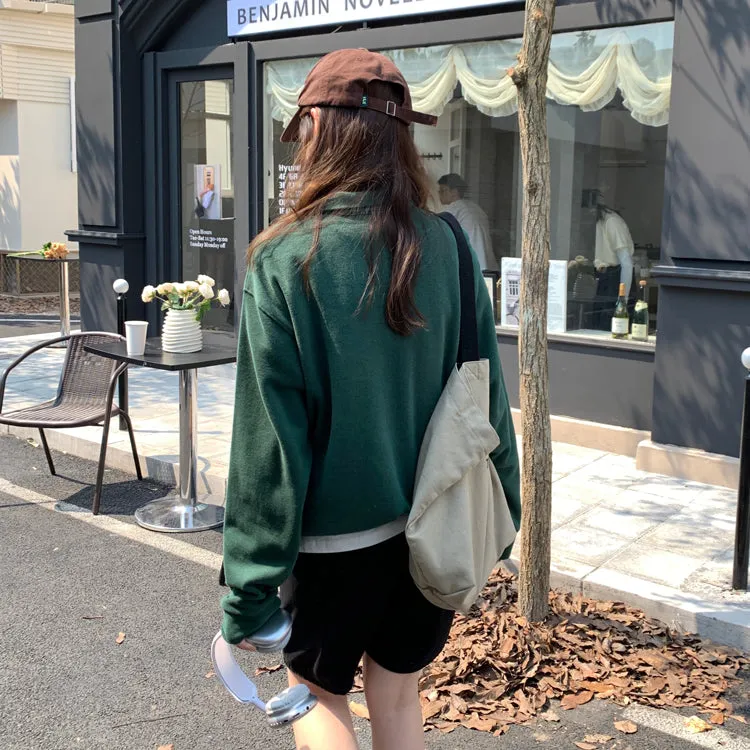 Purpdrank - Vintage Women Sweatshirt Autumn Casual Loose Solid White Zip Up Polo Collar Basic Winter Female Oversized Tops Pullover Hoodies