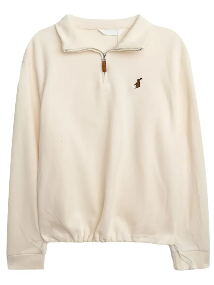 Purpdrank - Vintage Women Sweatshirt Autumn Casual Loose Solid White Zip Up Polo Collar Basic Winter Female Oversized Tops Pullover Hoodies