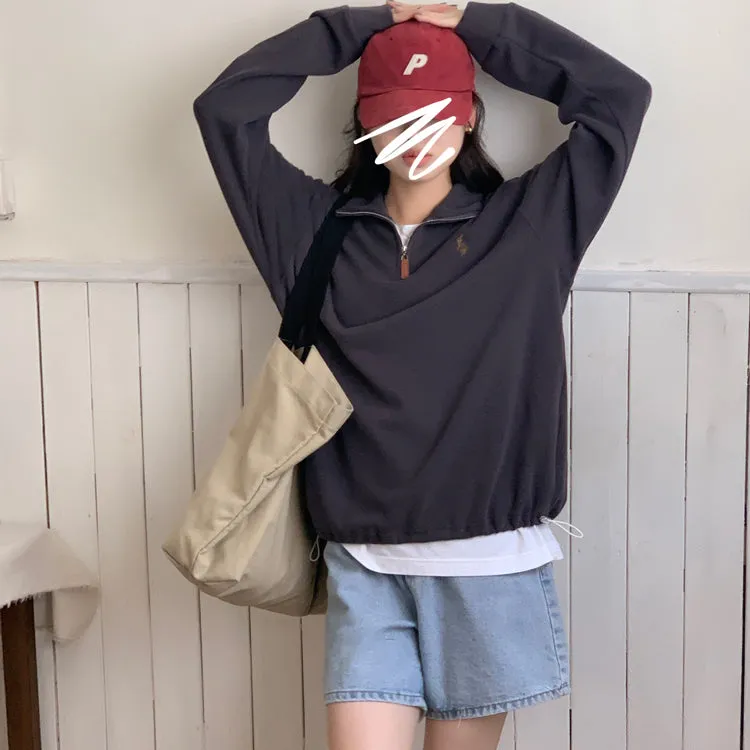 Purpdrank - Vintage Women Sweatshirt Autumn Casual Loose Solid White Zip Up Polo Collar Basic Winter Female Oversized Tops Pullover Hoodies