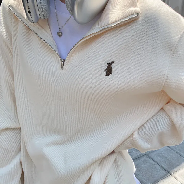 Purpdrank - Vintage Women Sweatshirt Autumn Casual Loose Solid White Zip Up Polo Collar Basic Winter Female Oversized Tops Pullover Hoodies