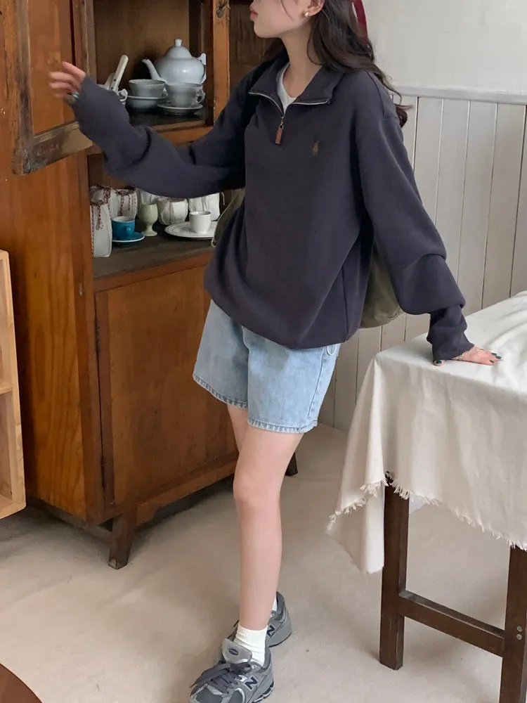 Purpdrank - Vintage Women Sweatshirt Autumn Casual Loose Solid White Zip Up Polo Collar Basic Winter Female Oversized Tops Pullover Hoodies