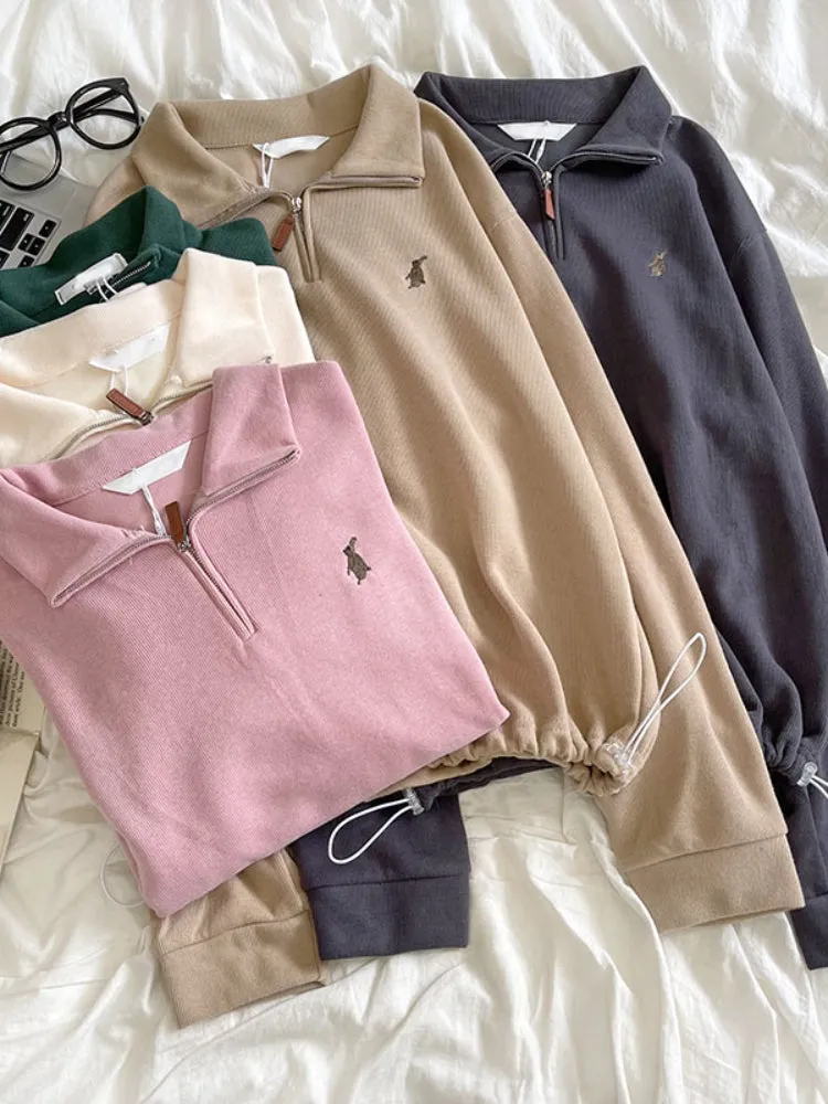 Purpdrank - Vintage Women Sweatshirt Autumn Casual Loose Solid White Zip Up Polo Collar Basic Winter Female Oversized Tops Pullover Hoodies