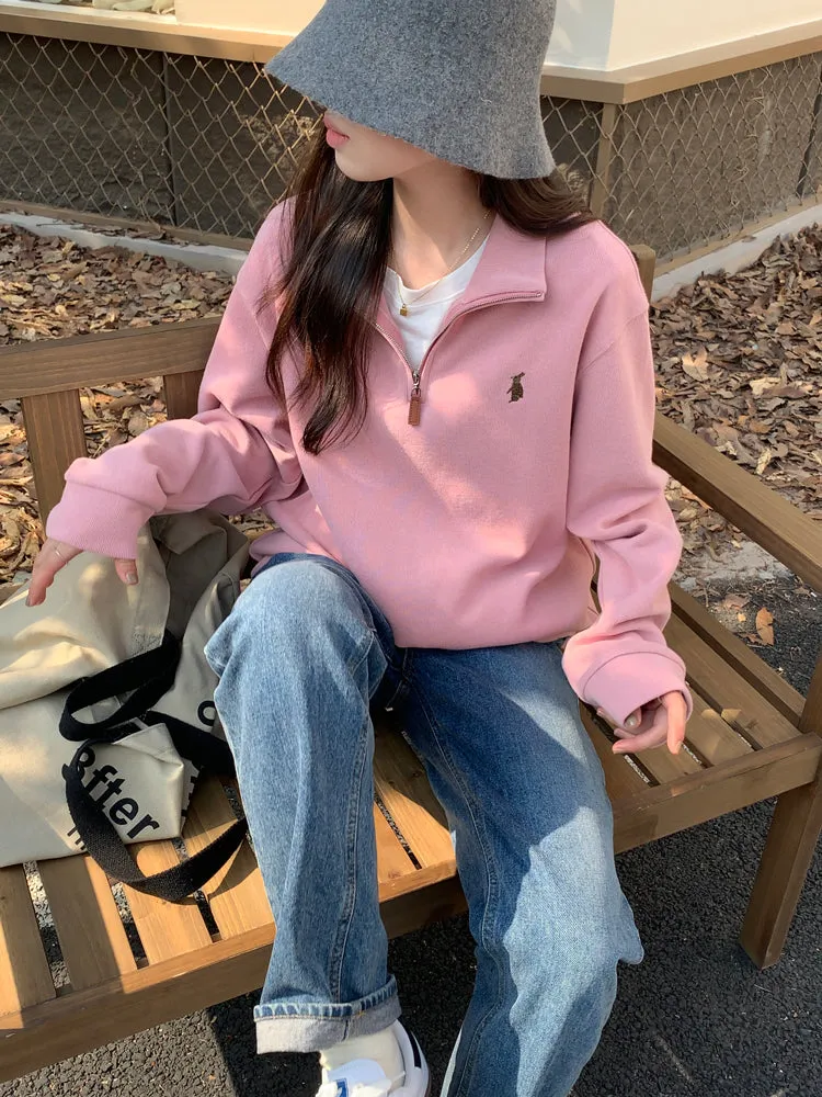 Purpdrank - Vintage Women Sweatshirt Autumn Casual Loose Solid White Zip Up Polo Collar Basic Winter Female Oversized Tops Pullover Hoodies