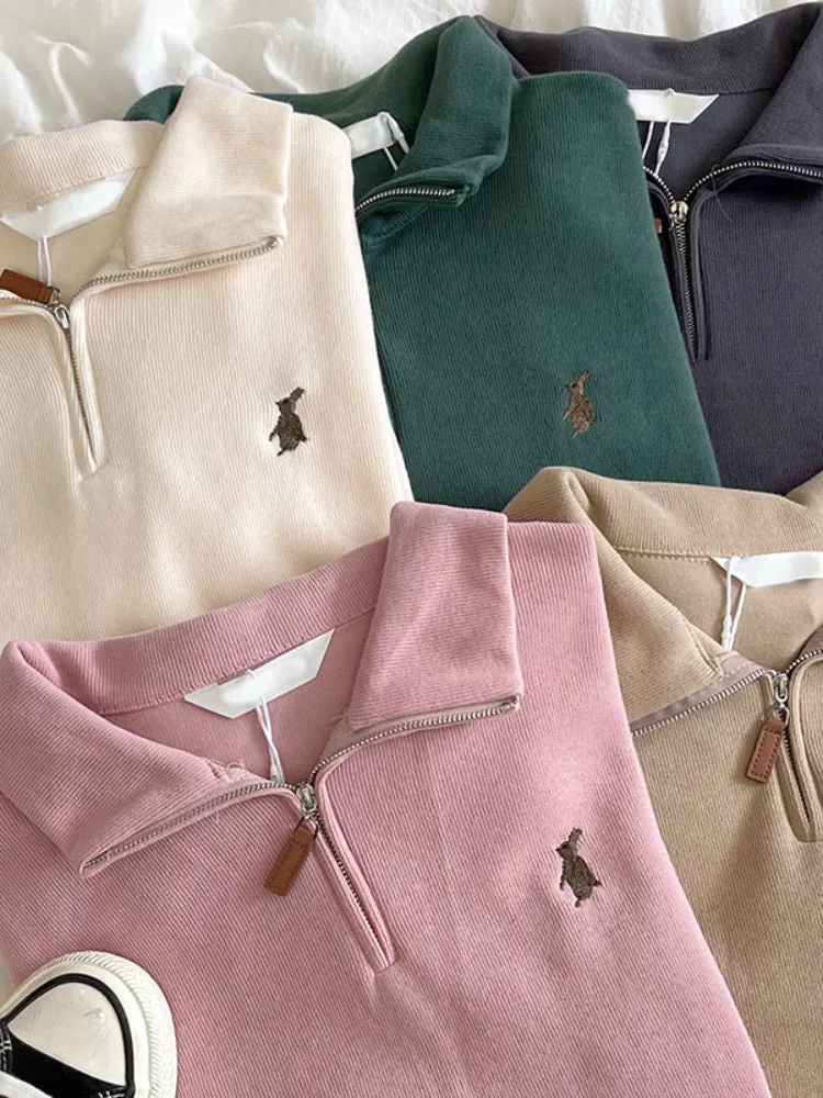 Purpdrank - Vintage Women Sweatshirt Autumn Casual Loose Solid White Zip Up Polo Collar Basic Winter Female Oversized Tops Pullover Hoodies