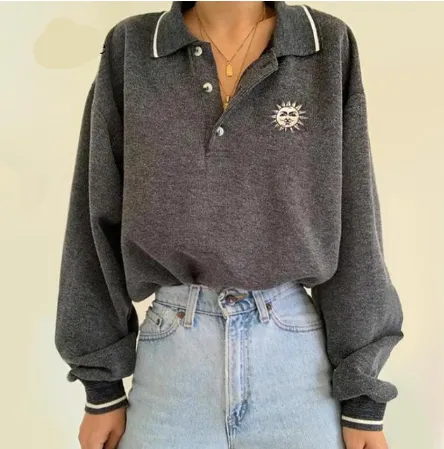Purpdrank - Vintage Women Sweatshirt Autumn Casual Loose Solid White Zip Up Polo Collar Basic Winter Female Oversized Tops Pullover Hoodies