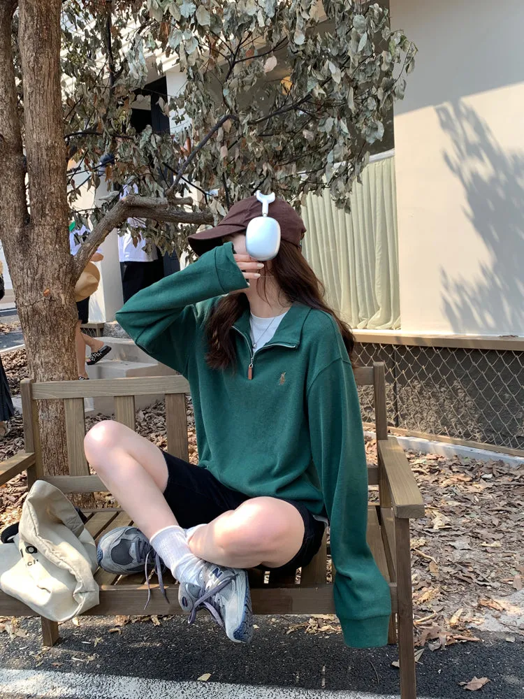 Purpdrank - Vintage Women Sweatshirt Autumn Casual Loose Solid White Zip Up Polo Collar Basic Winter Female Oversized Tops Pullover Hoodies