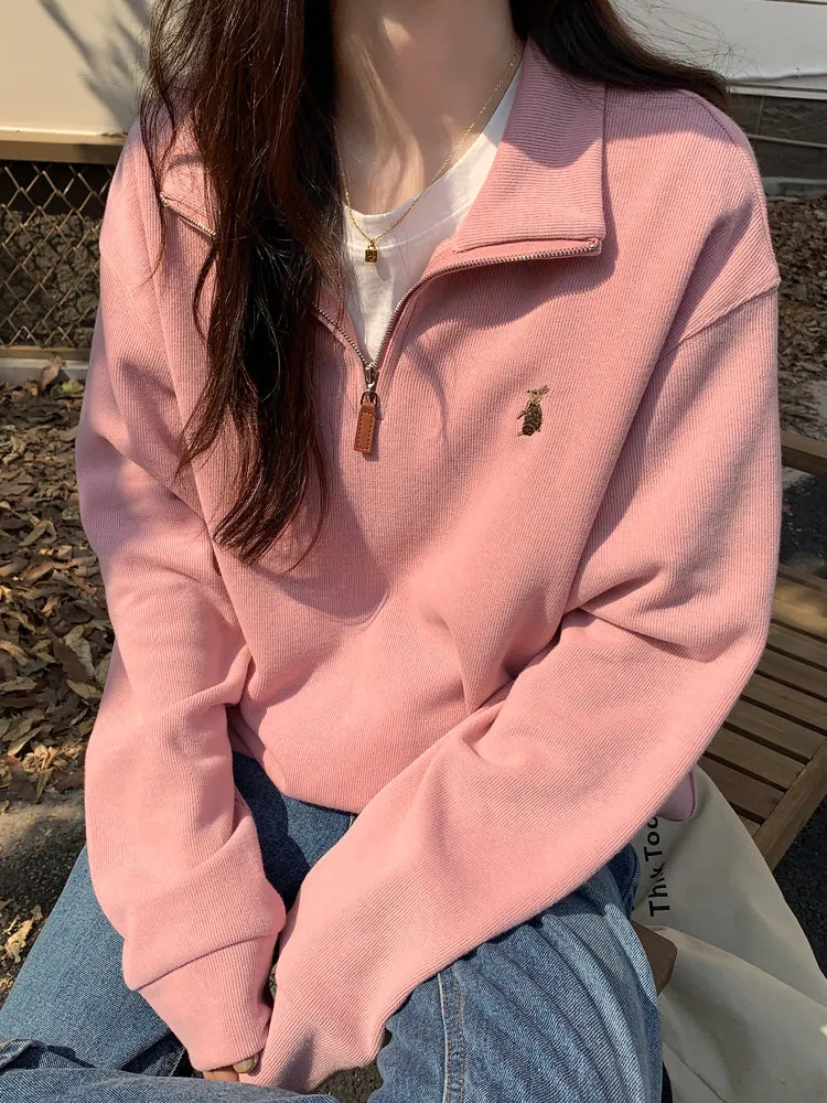 Purpdrank - Vintage Women Sweatshirt Autumn Casual Loose Solid White Zip Up Polo Collar Basic Winter Female Oversized Tops Pullover Hoodies