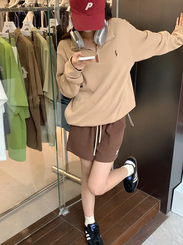 Purpdrank - Vintage Women Sweatshirt Autumn Casual Loose Solid White Zip Up Polo Collar Basic Winter Female Oversized Tops Pullover Hoodies