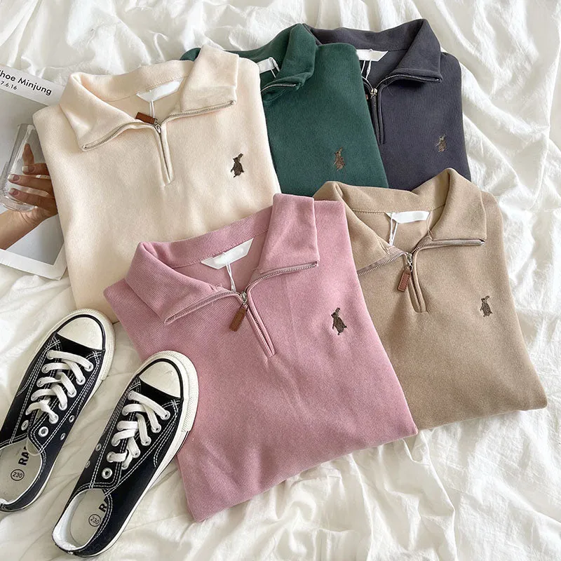 Purpdrank - Vintage Women Sweatshirt Autumn Casual Loose Solid White Zip Up Polo Collar Basic Winter Female Oversized Tops Pullover Hoodies