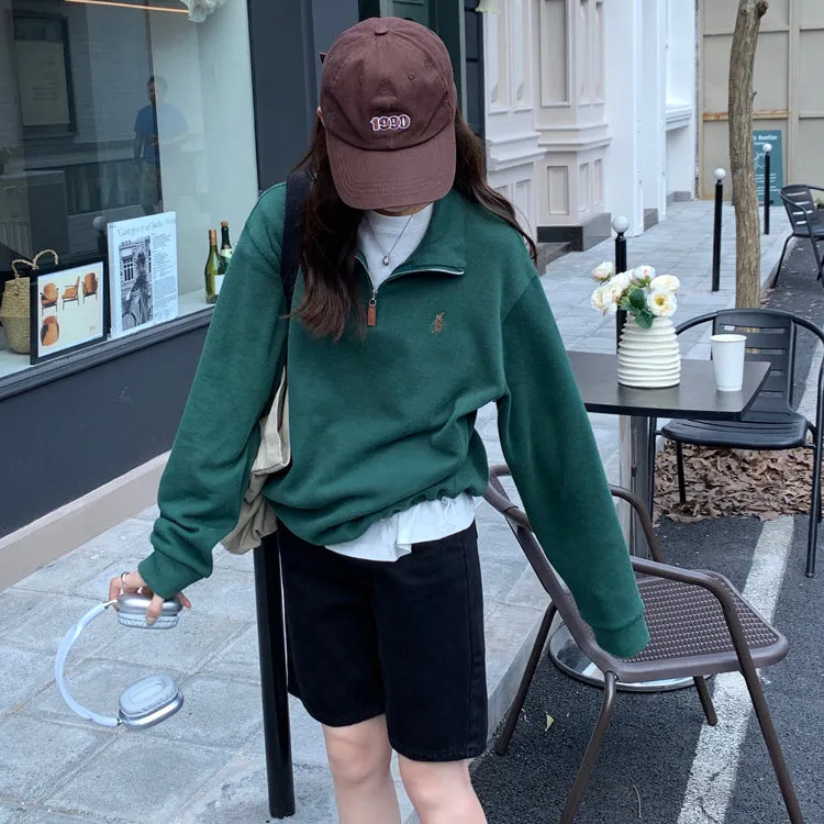 Purpdrank - Vintage Women Sweatshirt Autumn Casual Loose Solid White Zip Up Polo Collar Basic Winter Female Oversized Tops Pullover Hoodies
