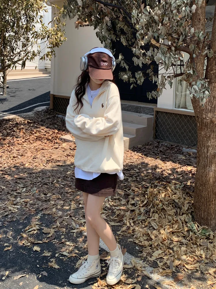 Purpdrank - Vintage Women Sweatshirt Autumn Casual Loose Solid White Zip Up Polo Collar Basic Winter Female Oversized Tops Pullover Hoodies