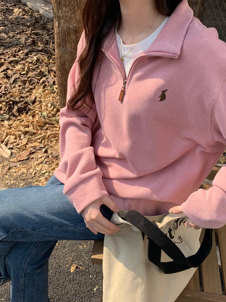 Purpdrank - Vintage Women Sweatshirt Autumn Casual Loose Solid White Zip Up Polo Collar Basic Winter Female Oversized Tops Pullover Hoodies