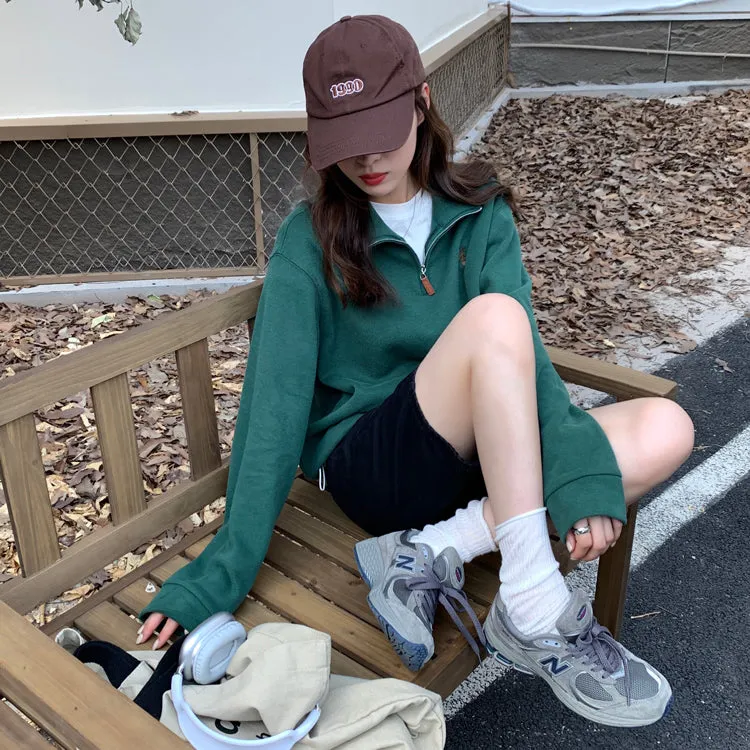 Purpdrank - Vintage Women Sweatshirt Autumn Casual Loose Solid White Zip Up Polo Collar Basic Winter Female Oversized Tops Pullover Hoodies