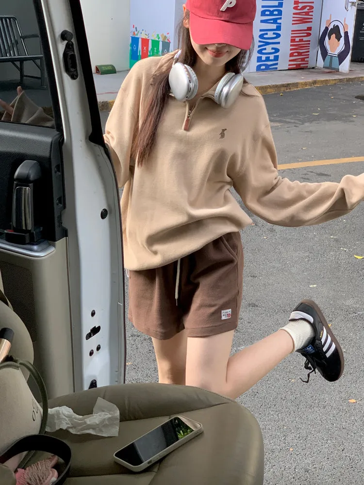Purpdrank - Vintage Women Sweatshirt Autumn Casual Loose Solid White Zip Up Polo Collar Basic Winter Female Oversized Tops Pullover Hoodies