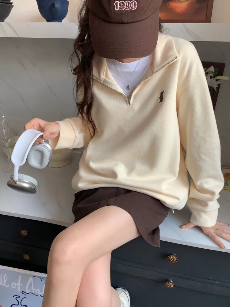 Purpdrank - Vintage Women Sweatshirt Autumn Casual Loose Solid White Zip Up Polo Collar Basic Winter Female Oversized Tops Pullover Hoodies