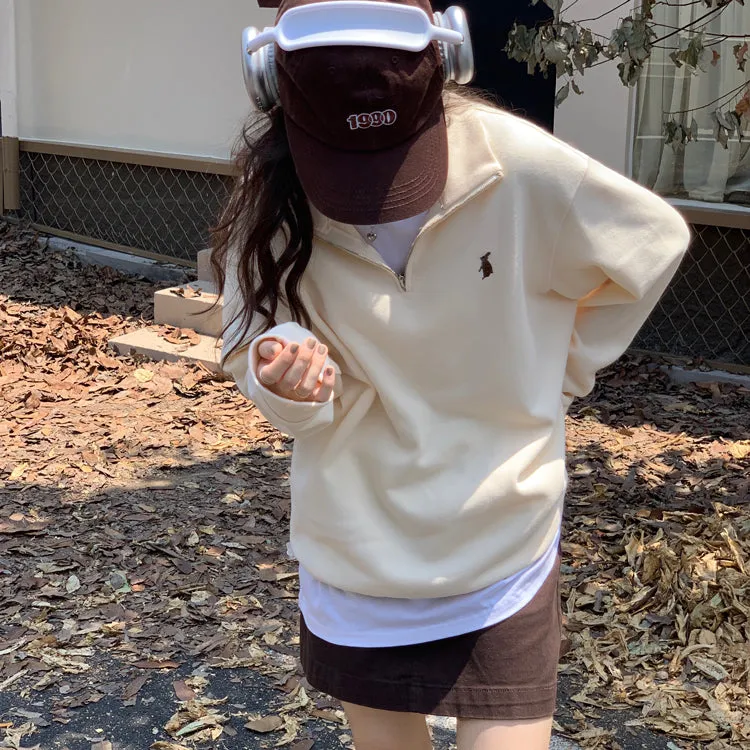 Purpdrank - Vintage Women Sweatshirt Autumn Casual Loose Solid White Zip Up Polo Collar Basic Winter Female Oversized Tops Pullover Hoodies