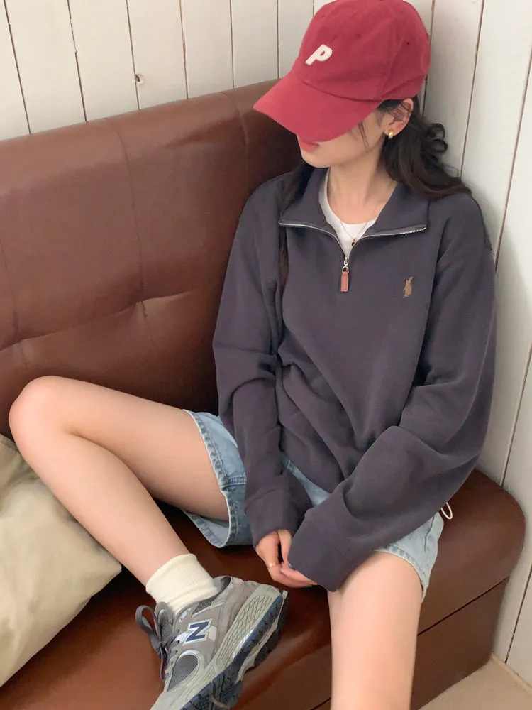 Purpdrank - Vintage Women Sweatshirt Autumn Casual Loose Solid White Zip Up Polo Collar Basic Winter Female Oversized Tops Pullover Hoodies
