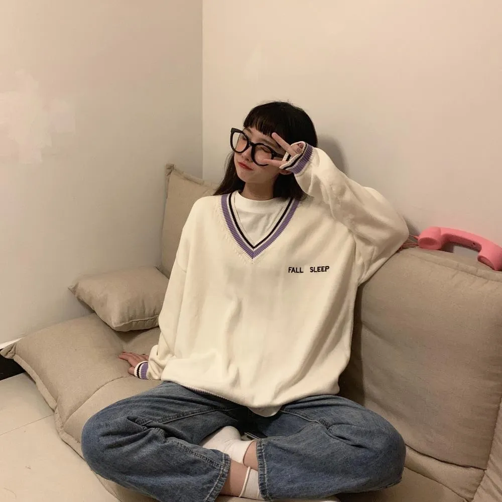 "FALL SLEEP" V-Neck Sweater
