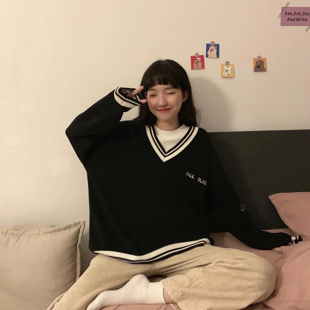 "FALL SLEEP" V-Neck Sweater