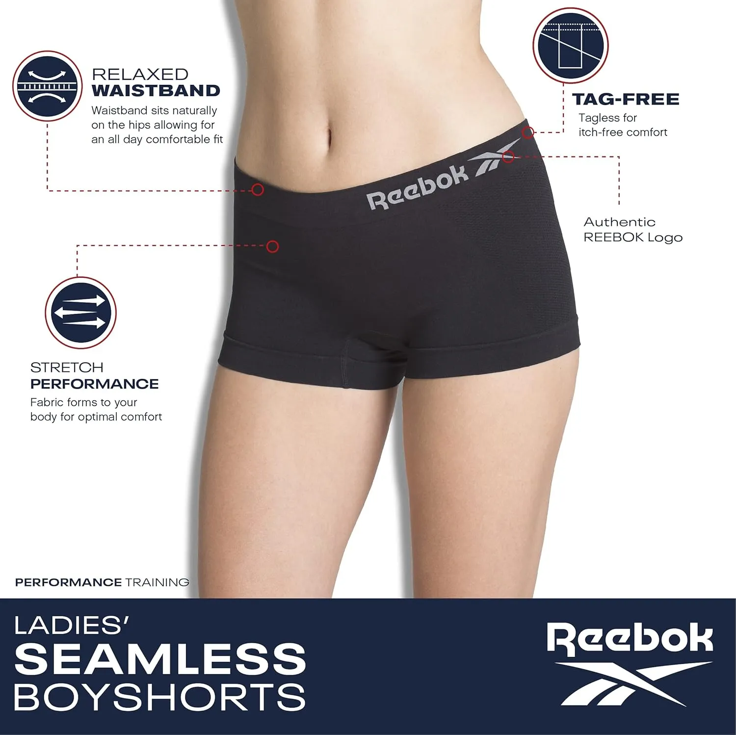 Reebok Women's Boy Shorts Underwear - 5 Pack Stretch Performance Boyshort Panties - Seamless Underwear for Women (S-XXL)