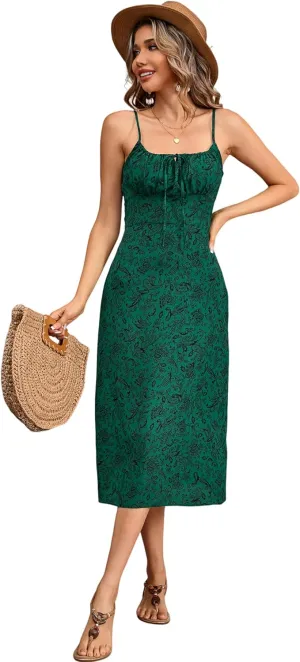 R.Vivimos Womens Summer Adjustable Spaghetti Strap Sundress Boho Floral Print Elastic Smocked Back Slim Fit Casual Midi Dress
