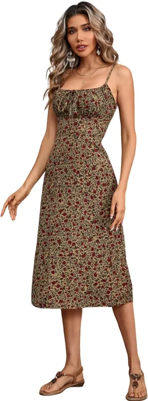 R.Vivimos Womens Summer Adjustable Spaghetti Strap Sundress Boho Floral Print Elastic Smocked Back Slim Fit Casual Midi Dress