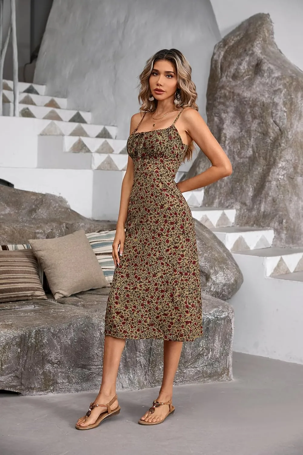 R.Vivimos Womens Summer Adjustable Spaghetti Strap Sundress Boho Floral Print Elastic Smocked Back Slim Fit Casual Midi Dress