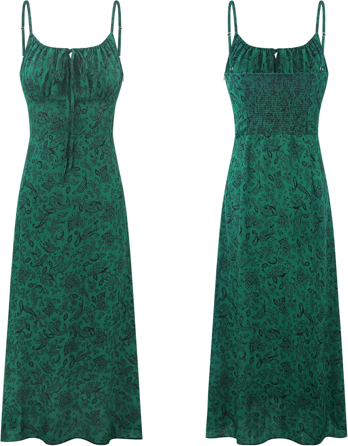 R.Vivimos Womens Summer Adjustable Spaghetti Strap Sundress Boho Floral Print Elastic Smocked Back Slim Fit Casual Midi Dress