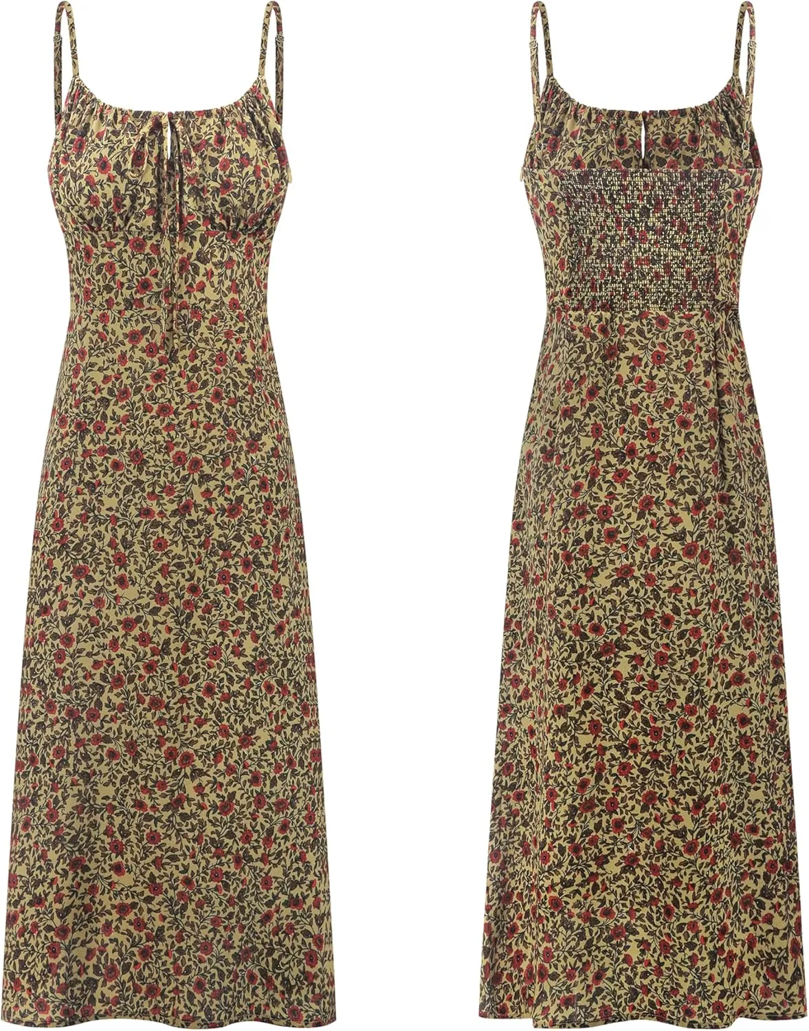 R.Vivimos Womens Summer Adjustable Spaghetti Strap Sundress Boho Floral Print Elastic Smocked Back Slim Fit Casual Midi Dress