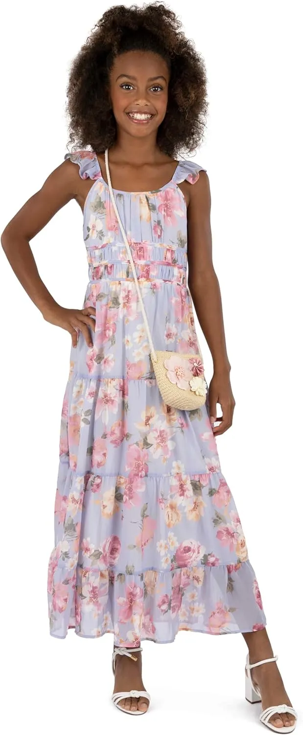 Speechless Girls' Flutter Sleeve Chiffon Maxi Dress