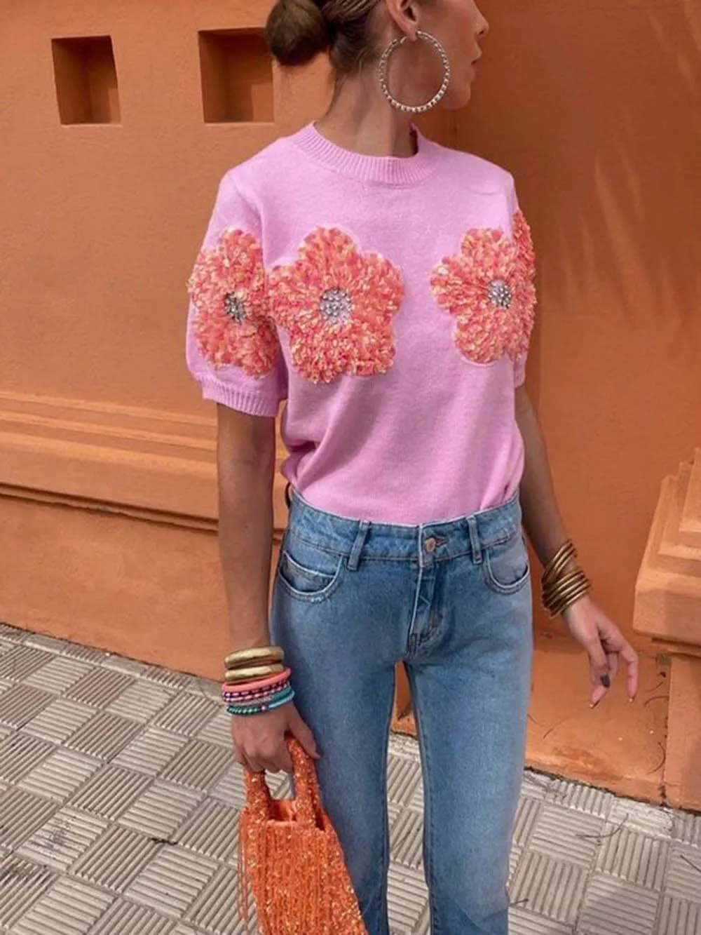 Sweet Contrast Color Flower Round Neck Short Sleeve Sweater